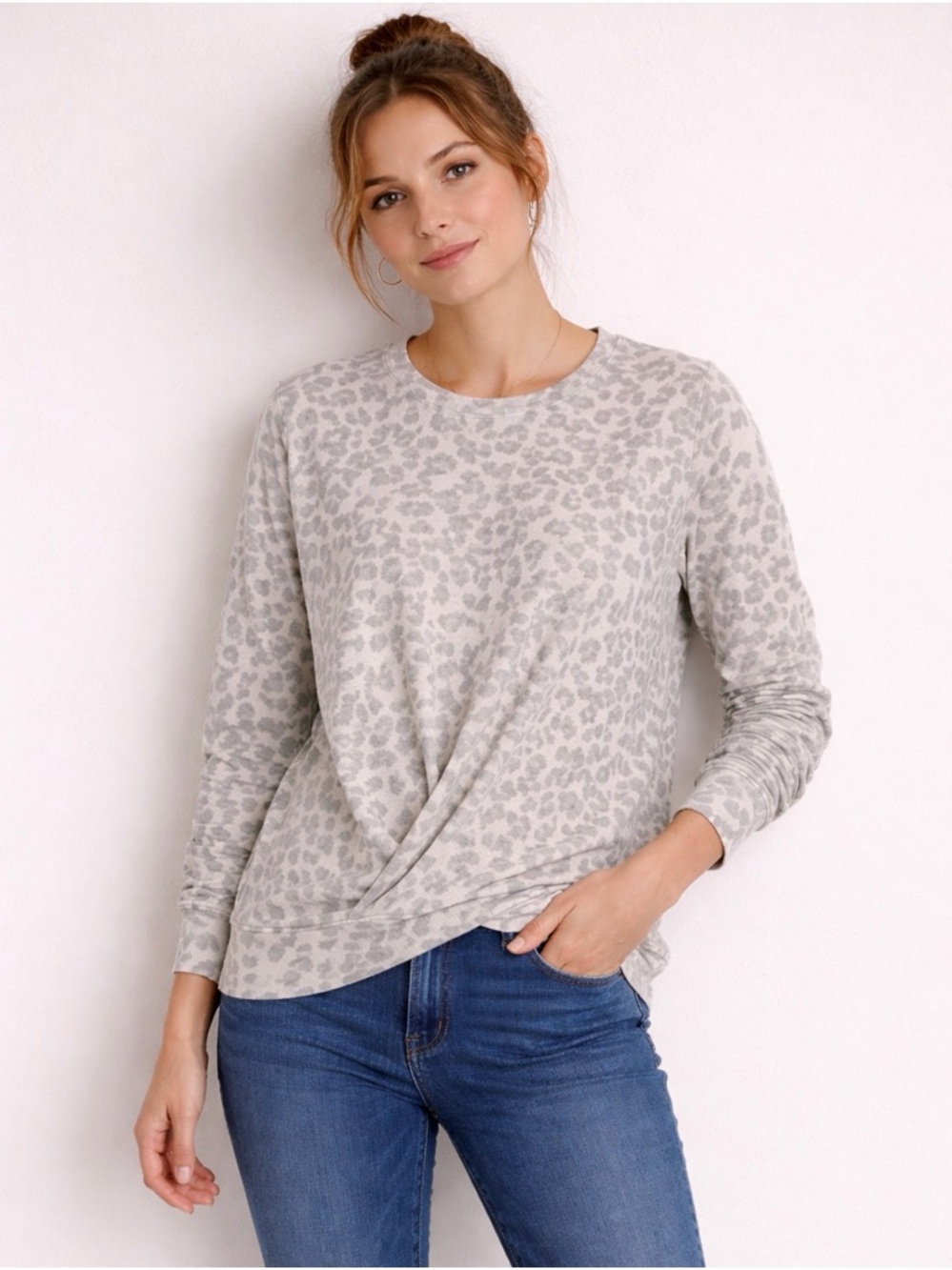 EUC Sundry Light Gray Leopard-Print Long-Sleeve Twist-Front Top